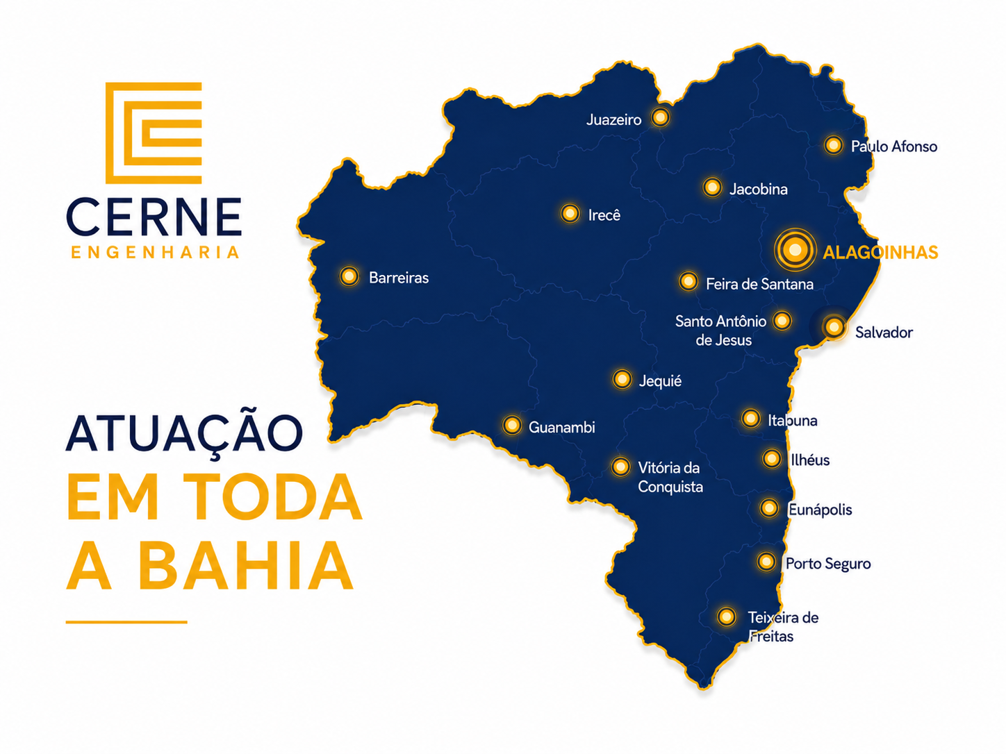 Mapa da Bahia com as cidades atendidas pela Cerne Engenharia, com destaque para Alagoinhas